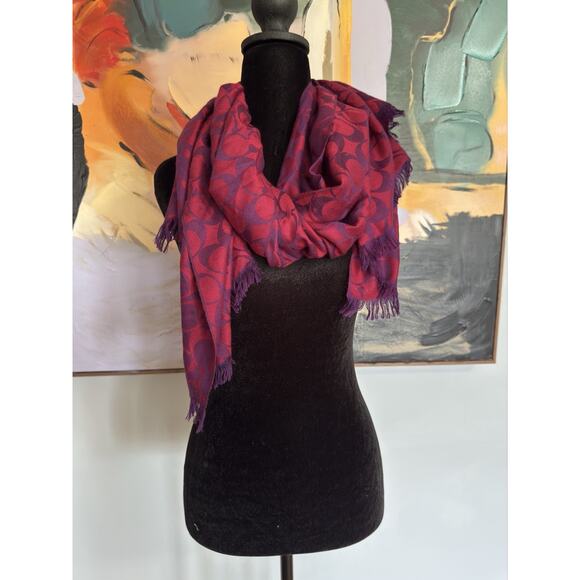 Coach Red Signature Wool Silk Fringe Scarf Teal Burgundy 64”x23” - Picture 1 of 5